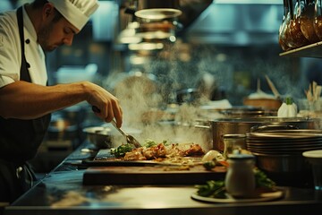 Wall Mural - A chef is cooking food in a kitchen with steam coming out of the pots