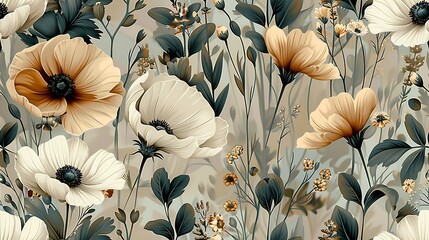 Wall Mural - Continuous pattern of wildflowers, showcasing daisies, poppies, and lavender with delicate textures, soft pastel tones, and a calming, seamless design, natural lighting, high-definition quality,