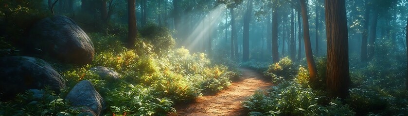 Canvas Print - Enchanted Forest Path: A Realistic Digital Illustration of a Sunlit Forest Path