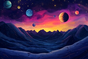 Wall Mural - A Starry Sky Above a Mountain Range With Planets and a Sunset