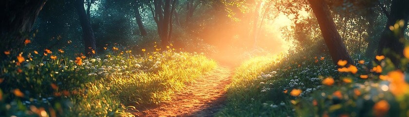 Wall Mural - Sunlit Path Through a Forest Illustration