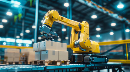 Automated production logistics using a robotic manipulator. Industrial robotic plant. Technology concept.