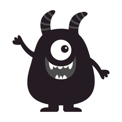 Wall Mural - Cute monster icon. Smiling face head. One eye, fang tooth, horns, hands. Black silhouette. Cartoon boo spooky kawaii funny baby character. Happy Halloween. Flat design. White background Vector