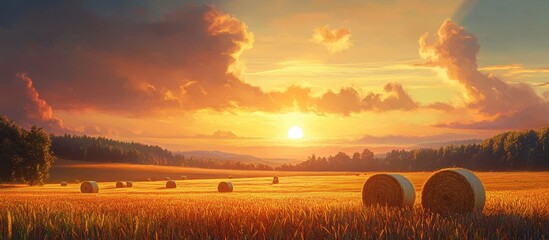 Wall Mural - Golden Sunset Over a Serene Countryside Field with Hay Bales and Dramatic Clouds