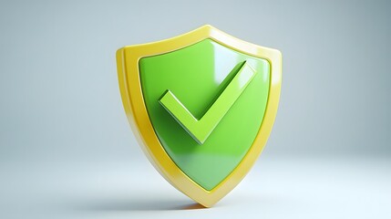 cartoon 3d Icon safety shield green check mark perspective . yellow symbol security safety icon. Green Checkmark in minimalistic style. 3d vector illustration. white background