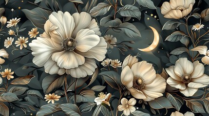 Seamless wallpaper design of celestial garden elements, including detailed illustrations of moonflowers, jasmine, stars, and crescent moons, soft glowing tones, vintage style, ethereal and mystical,