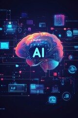 Wall Mural - digital illustration of an ai brain surrounded by data elements, highlighting artificial intelligenc