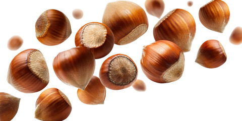 Falling hazelnuts on a white background 