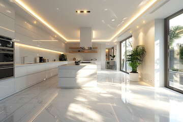 Kitchen European modern style interior design in white with neon lighting lamps.