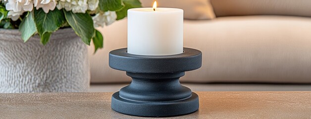 Wall Mural - Elegant black candle holders enhance the cozy living room with soft candlelight and floral accents