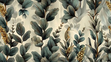 Seamless wallpaper design of vintage botanical illustrations featuring mystical plants like sage, lavender, and eucalyptus, set against a soft, misty background, intricate hand-drawn details,