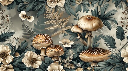 Wall Mural - Seamless wallpaper design of vintage botanical illustrations featuring woodland elements like mushrooms, ferns, and forest flowers, set against a soft, earthy background, intricate hand-drawn details,