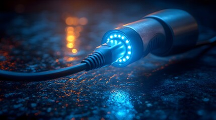 Powerful Electric Car Charging Cable with Illuminated Connector on Dark Blue Background