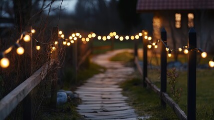 Wall Mural - A path with lights on it leading to a house