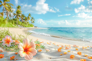 Wall Mural - Exotic frangipani flowers lying on the sand of a tropical beach