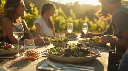 a gathering of friends and family share a delightful meal outdoors amidst a beautiful vineyard at su