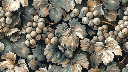 Sticker - Vintage rustic seamless wallpaper featuring intricate illustrations of grapevines, olive branches, and figs, set against a warm, earthy background, hand-drawn style, natural lighting,