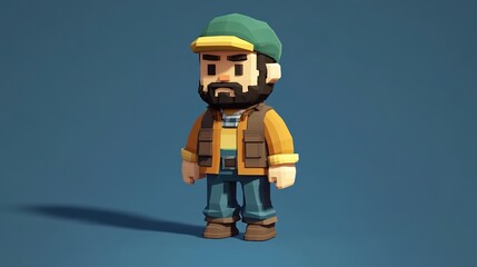 3d low poly character, short beard and green cap, wearing an adventure jacket