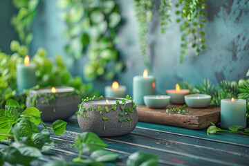 Wall Mural - Burning candles creating tranquil atmosphere in spa surrounded by greenery