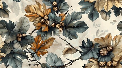 Canvas Print - Vintage-inspired seamless wallpaper design featuring intricate illustrations of autumn leaves, acorns, and berries, set against a muted, warm background, hand-drawn details, natural light,