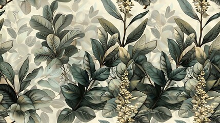 Poster - Vintage-inspired seamless wallpaper design featuring intricate illustrations of rosemary, sage, and thyme, set against a muted, rustic background, hand-drawn details, natural light, earthy greenery,