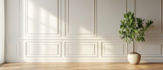 White Wall with Wainscot Paneling, Wood Floor, and Potted Plant