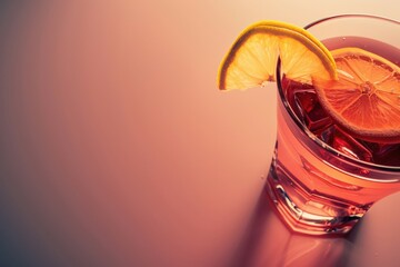   A close-up photo of a glass containing a purple grape slice and a bright background illumination. Beautiful simple AI generated image