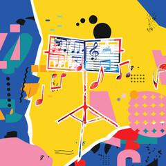 Poster - Music collage background with music stand and musical notes.