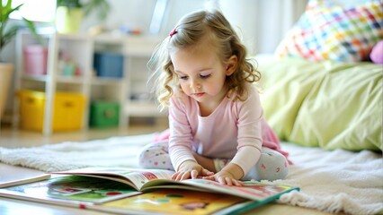 portrait of preschool girl sitting on floor , looking picture book and scattered books