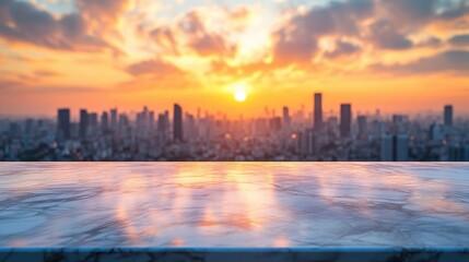 White marble stone table with sunset city view in office building,view of window wall building with sunrise city view background,Modern office interior,golden hour concept,space for text.