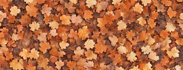 A vibrant heap of orange and brown maple leaves blankets the ground in a stunning autumn landscape captured from above