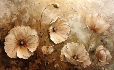 Sticker - Abstract delicate beige poppy flowers on a textured background Soft, elegant petals create a calming atmosphere