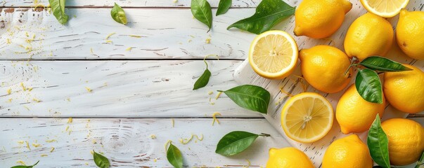 Wall Mural - Fresh lemons and leaves on a white rustic table, emphasizing natural simplicity.