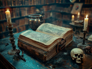 An ancient book lies open on a wooden table, surrounded by candles and a skull in a dimly lit, mysterious old library.