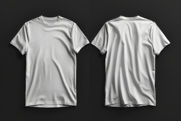 Wall Mural - Front and back view of plain white t-shirts on a dark background, perfect for mockups, branding, or clothing design presentations.