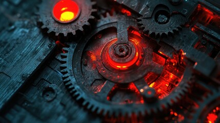 Close-up of a steel gear, highlighted with red light shades, creating a dramatic industrial effect.