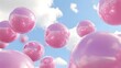 © F - Floating pink spheres in a dreamy abstract sky, bathed in soft afternoon sunlight casting delicate shadows on the ground. Perfect for projects emphasizing creativity, fantasy, and abstract art