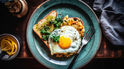 Wall Mural - Traditional English breakfast fried egg with yolk on toast with salad, top view. AI generated.