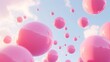 © F - Floating pink spheres in a dreamy abstract sky, bathed in soft afternoon sunlight casting delicate shadows on the ground. Perfect for projects emphasizing creativity, fantasy, and abstract art