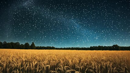 Starry sky over wheat field landscape. Stargazing and observation concept. Adventure and discovery. Milky Way galaxy. Timelapse