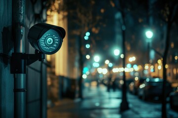 Surveillance camera monitoring a dimly lit urban street at night