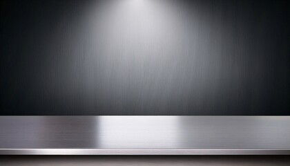 Silver steel countertop, empty shelf. Kitchen counter on gray background with spot light. Bar desk surface in foreground
