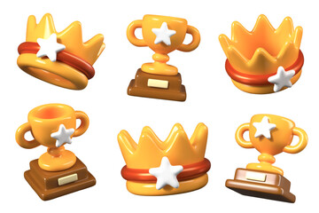 Wall Mural - 3D golden crown, cup on stand. Set of trophies in different positions