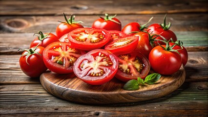 Freshly cut juicy ripe red tomato slices arranged artfully on a rustic wooden table against a natural earthy-toned background with slight shadow and blur.