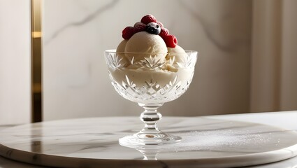 Crystal glass filled with creamy frozen custard. The custard is topped with fresh berries and a sprinkle of powdered sugar