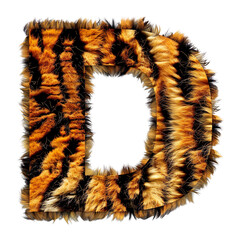 The letter 'D' made with tiger skin isolated on a white transparent background