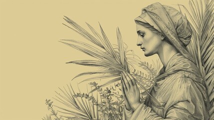 Wall Mural - Saint Perpetua's deep faith in prayer, holding a palm branch, serene garden, piety and devotion, beige background, Biblical Illustration, copyspace