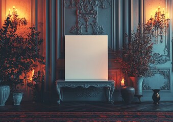 Poster - A modern gallery wall mockup in darkness. A dark museum hall with a modern gallery wall