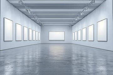 Poster - Blank white wall mockup in a sunny modern empty museum with a large banner exposition template. Large hall interior with white walls with contemporary exhibits.