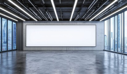 Aufkleber - White wall mockup in sunny gallery with modern exhibitions. Clear big stand mockup with wide banner exposition template in contemporary art museum.